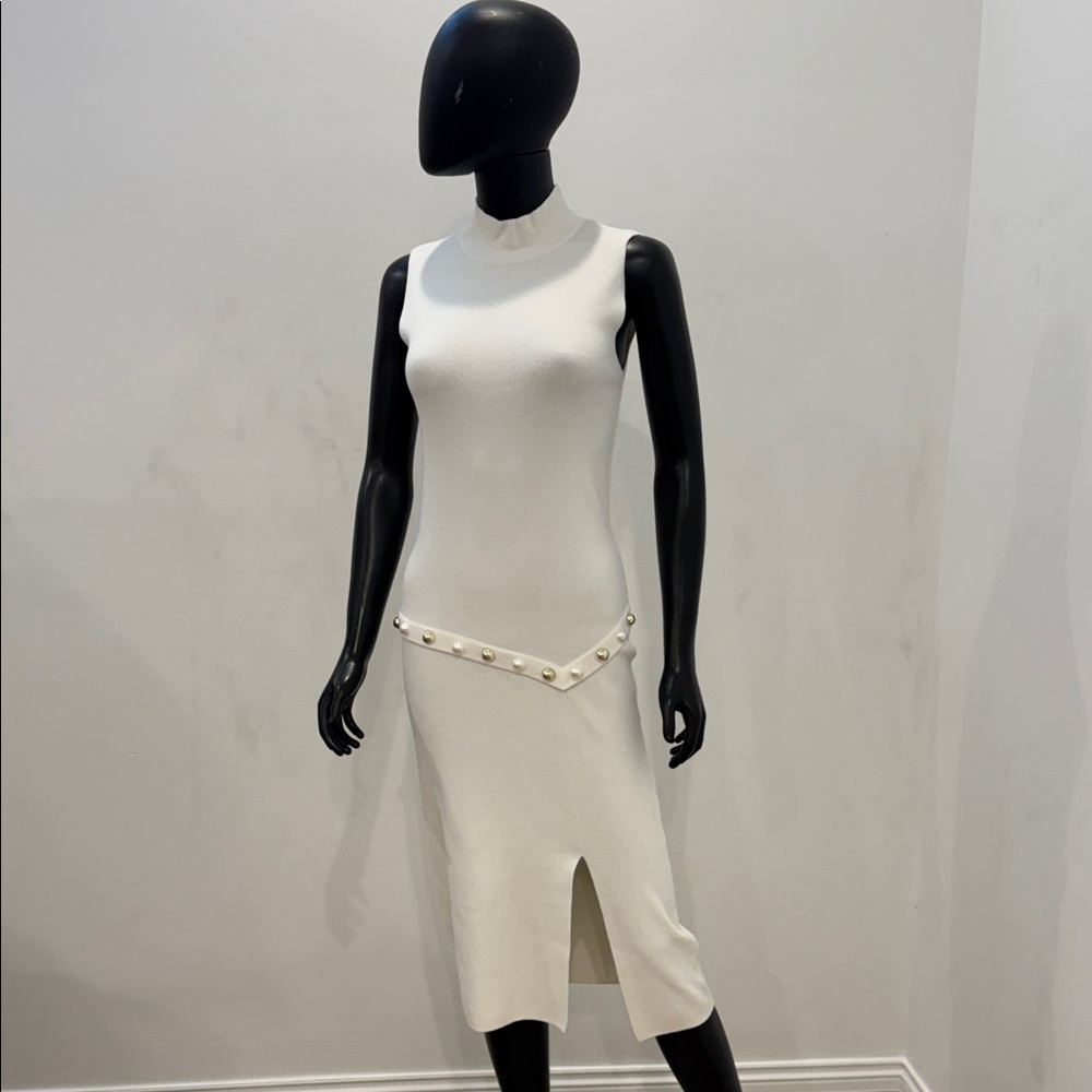 PINKO Minimalist Knit Midi Dress Pearl Waist Detail 90s Carolyn Bessette Style